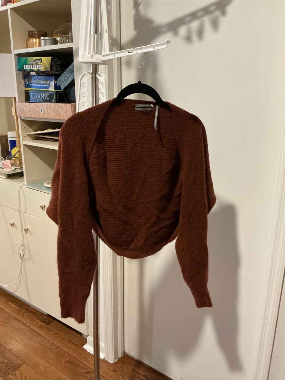 Anthropologie Cropped Open-Front Shrug in Deep Brown